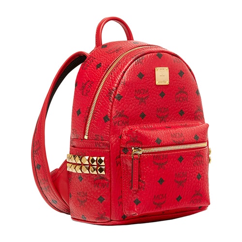 MCM/MCM STARK BACKPACK系列品牌标志图案金属铆钉装饰红色PVC涂层里衬小牛皮女士迷你双肩包#MMK6AVE41 RU001