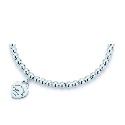 Tiffany & Co./蒂芙尼 女式纯银银色心形小珠Bead珐琅手链 6.5英寸 TGRP02587