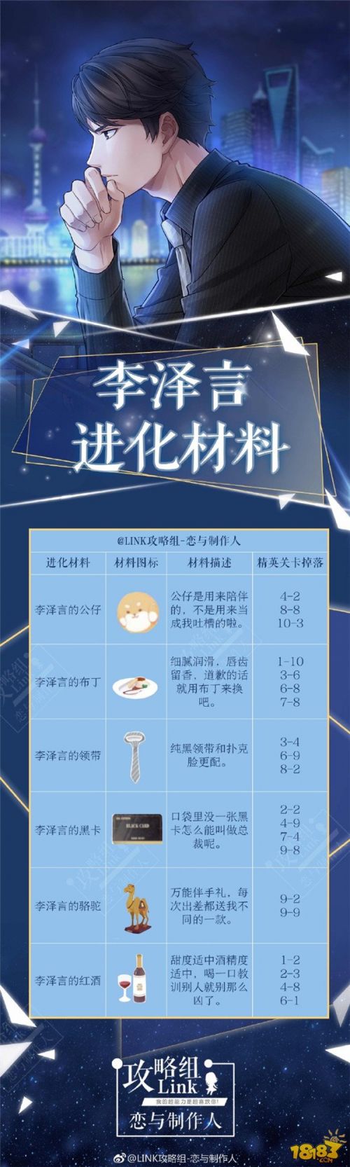 李泽言进化羁绊材料在哪？恋与制作人李泽言羁绊卡片进化材料出处一览 