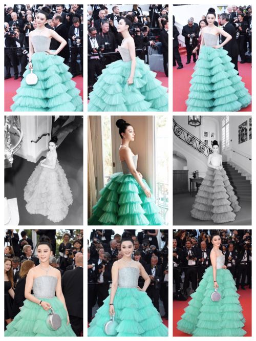 “红毯女王”范冰冰再次征战戛纳红毯 绿色蛋糕裙衬托牛奶肌肤 